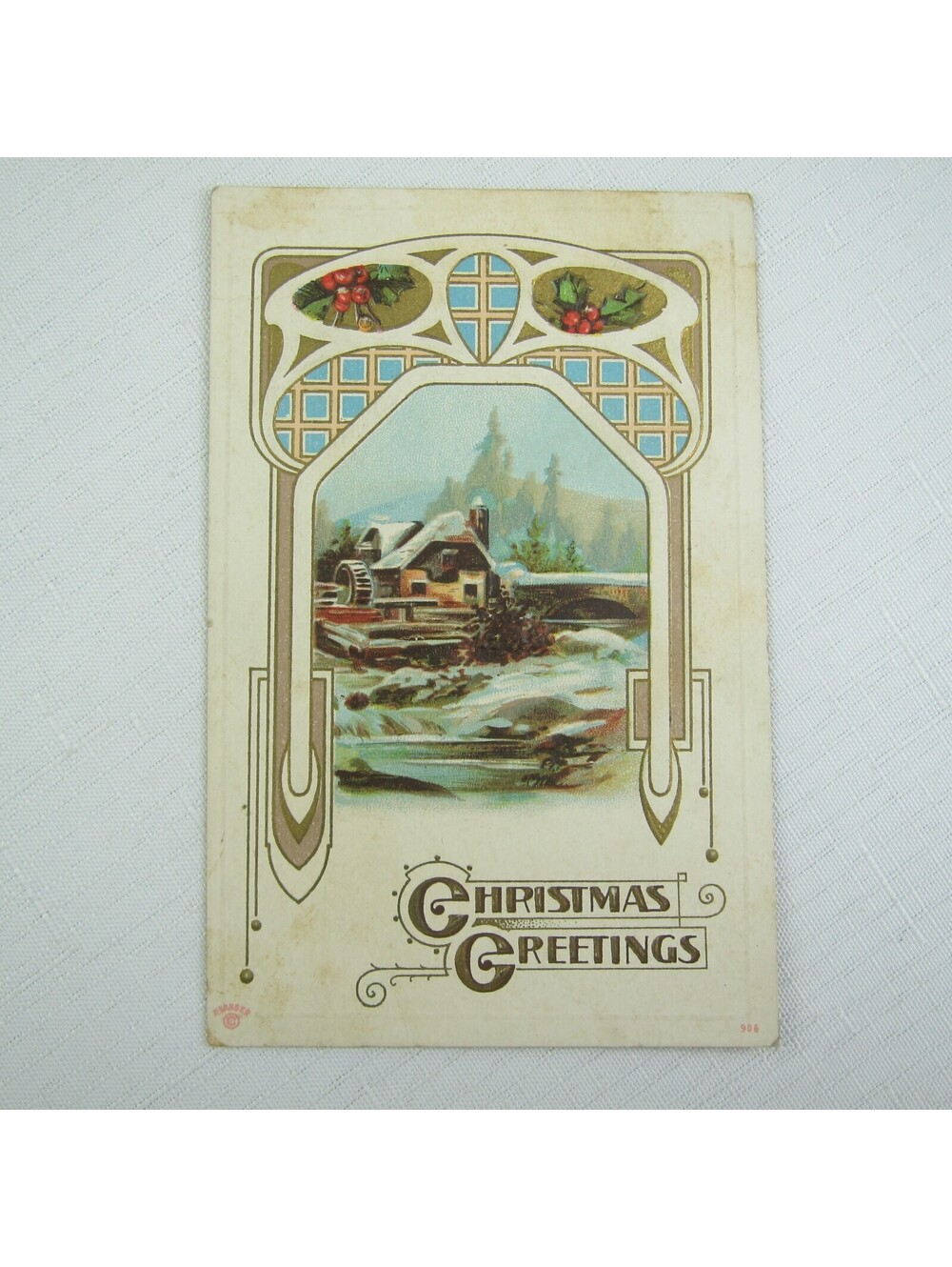 Antique Christmas Greetings Postcard Snowy Mill Creek and Bridge Winter Embossed